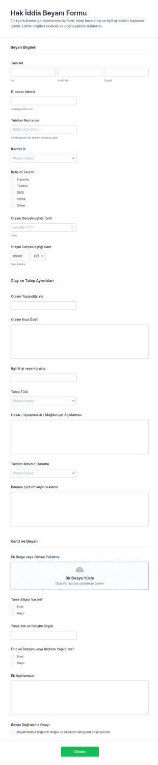 İddia Beyanı Formu 🎯 Form Şablonu