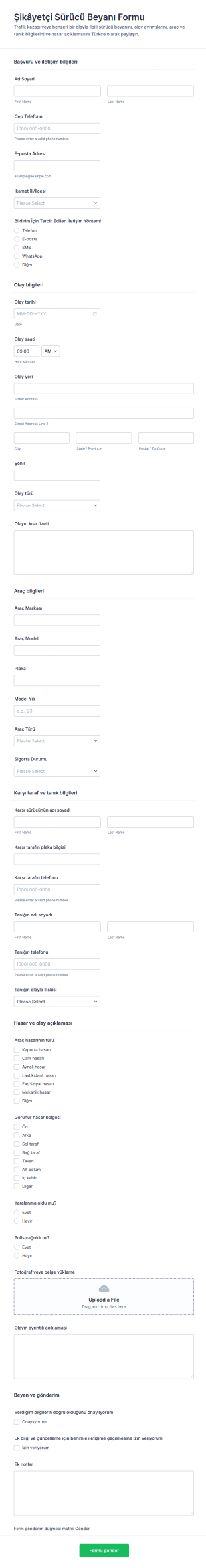 İddia Sürücü Beyanı Form Şablonu