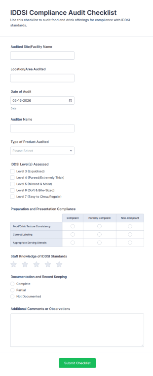 IDDSI Compliance Audit Checklist Form Template