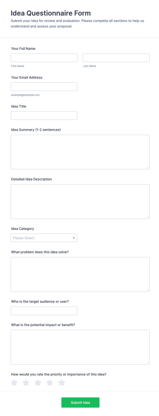 Idea Questionnaire Form Template