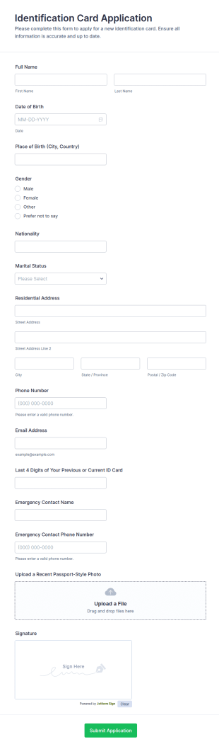 Identification Card Application Form Template