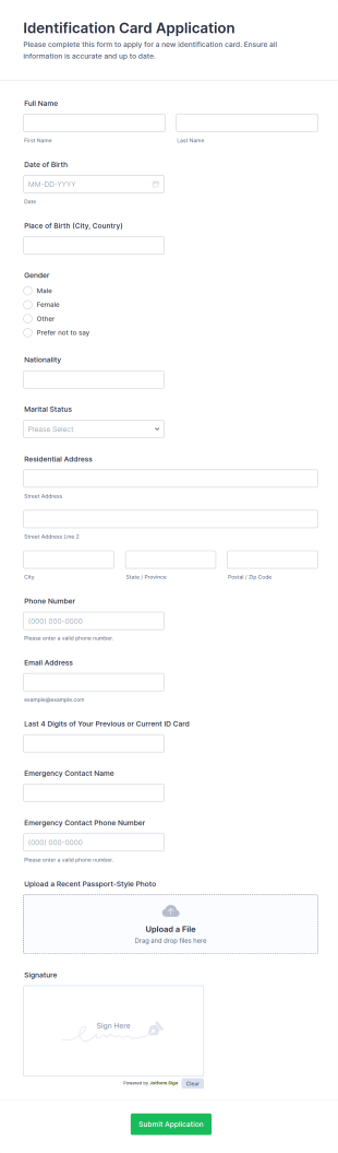 Identification Card Application Form Template
