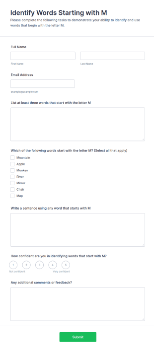 Identify Words Starting With M Form Template
