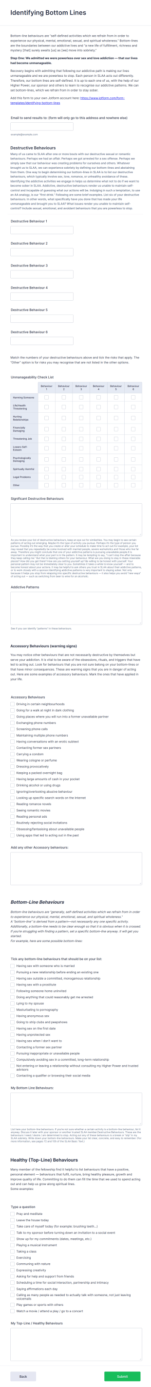 SLAA Recovery Questionnaire Form Template