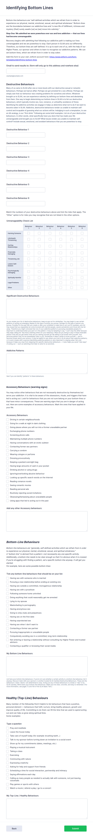 SLAA Recovery Questionnaire Form Template