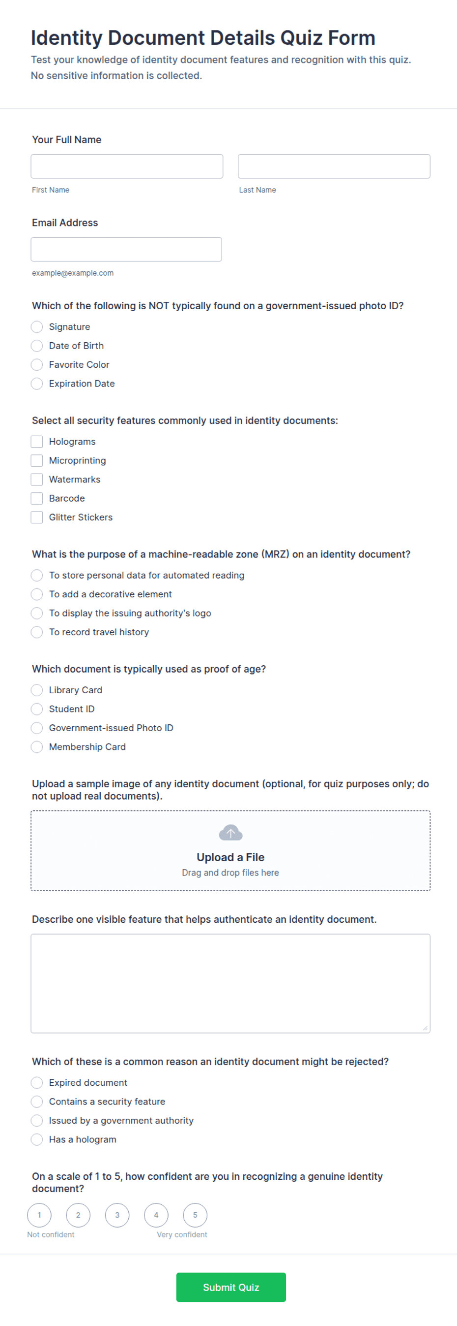 Identity Document Details Quiz Form Template | Jotform