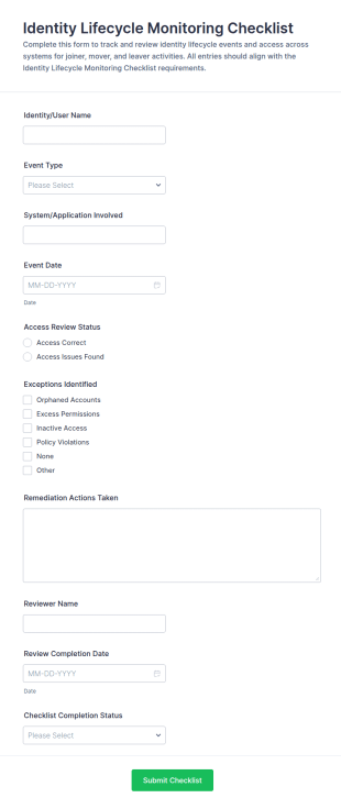 Identity Lifecycle Monitoring Checklist Form Template