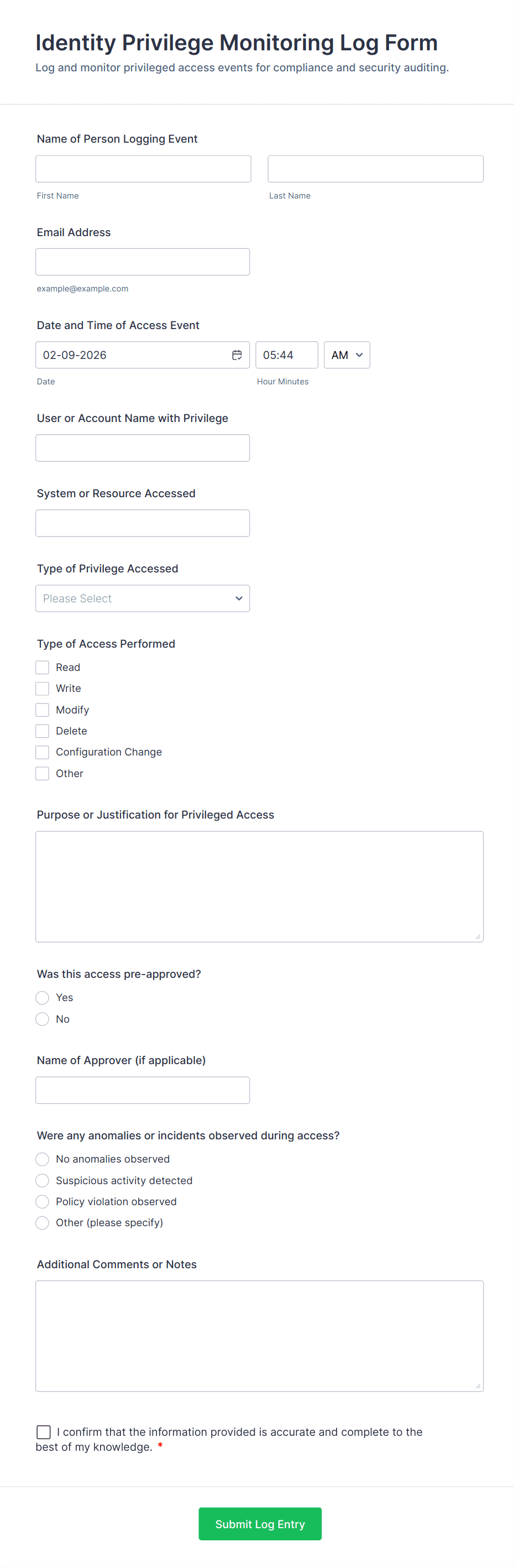 Identity Privilege Monitoring Log Form Template | Jotform