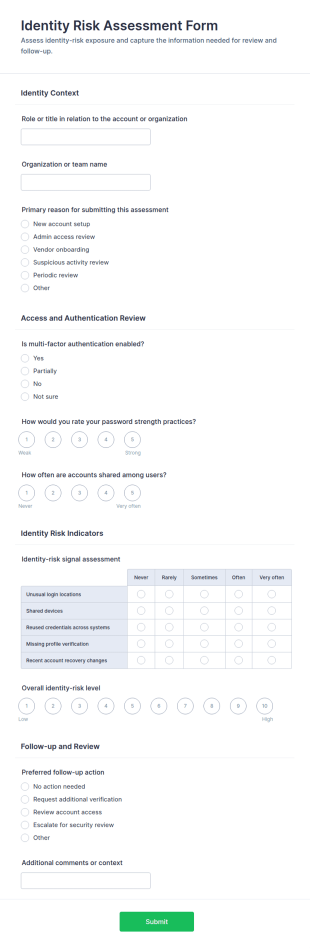 Identity Risk Assessment Questionnaire Form Template