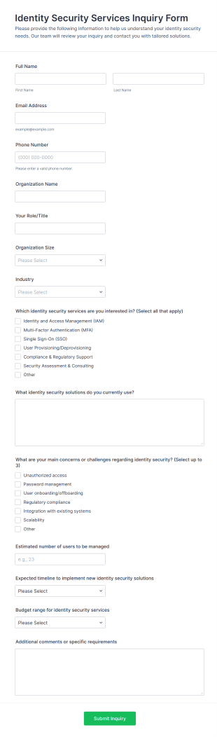 Identity Security Services Inquiry Form Template