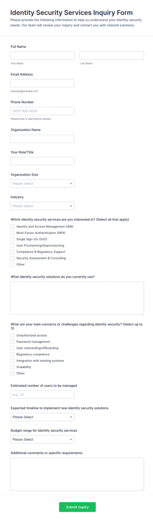 Identity Security Services Inquiry Form Template