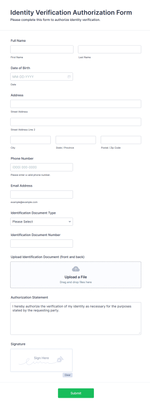 Identity Verification Authorization Form Form Template