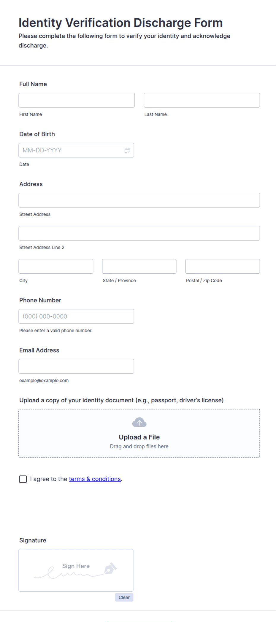 Identity Verification Discharge Form Template | Jotform