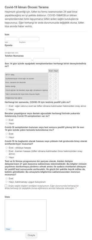 İdman Öncesi Covid 19 Anketi Form Şablonu