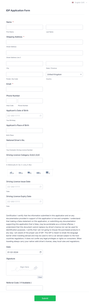 IDP Application Form Template