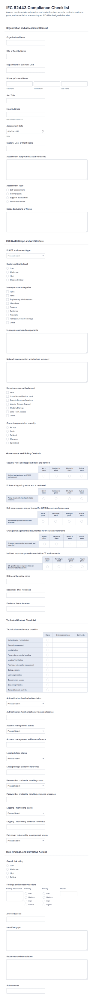 IEC 62443 Compliance Checklist Form Template