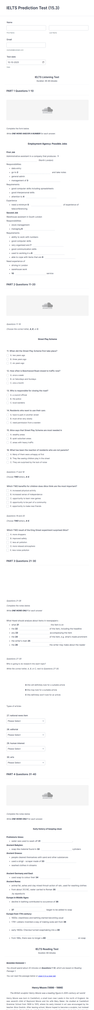 IELTS Prediction Test Form Template