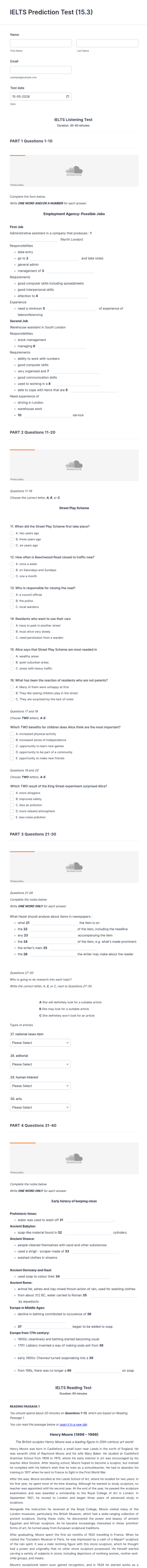 IELTS Prediction Test Form Template