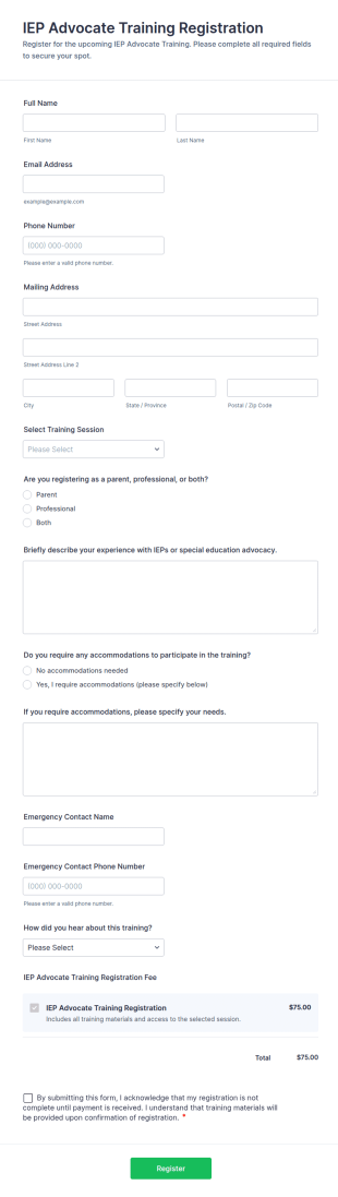 IEP Advocate Training Registration Form Template