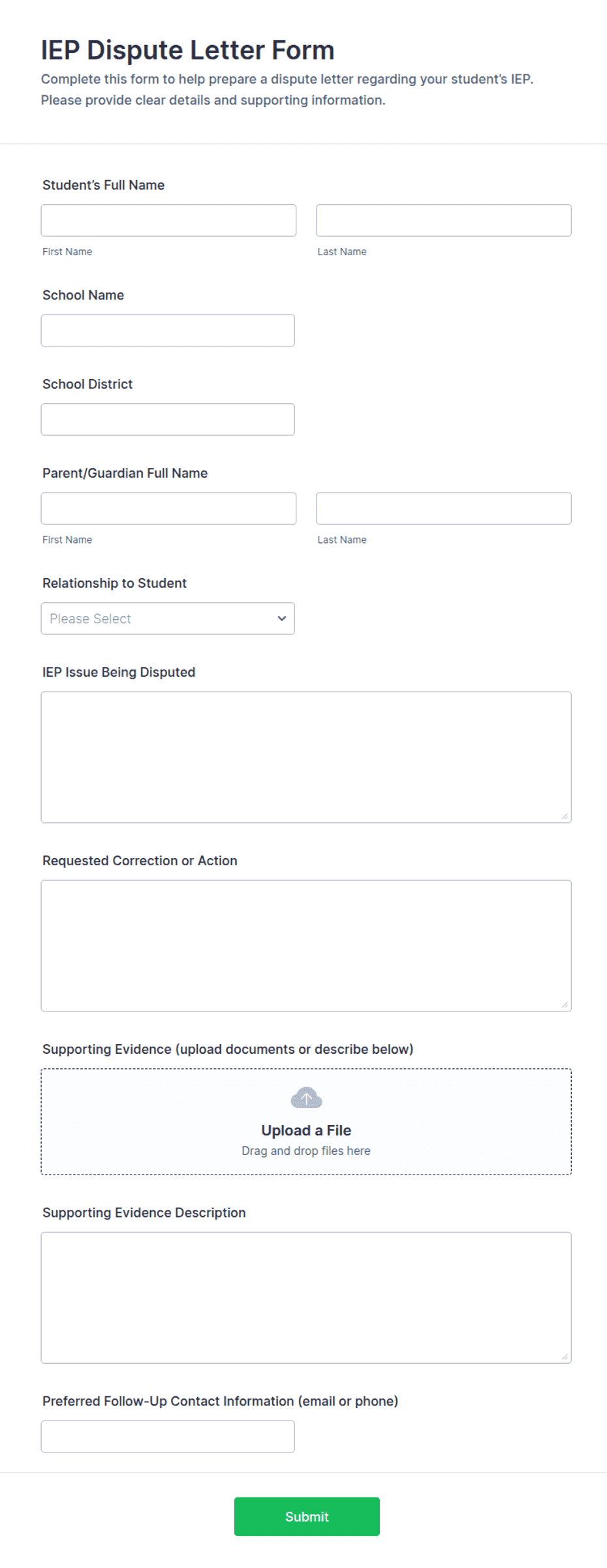 IEP Dispute Letter Form Template | Jotform