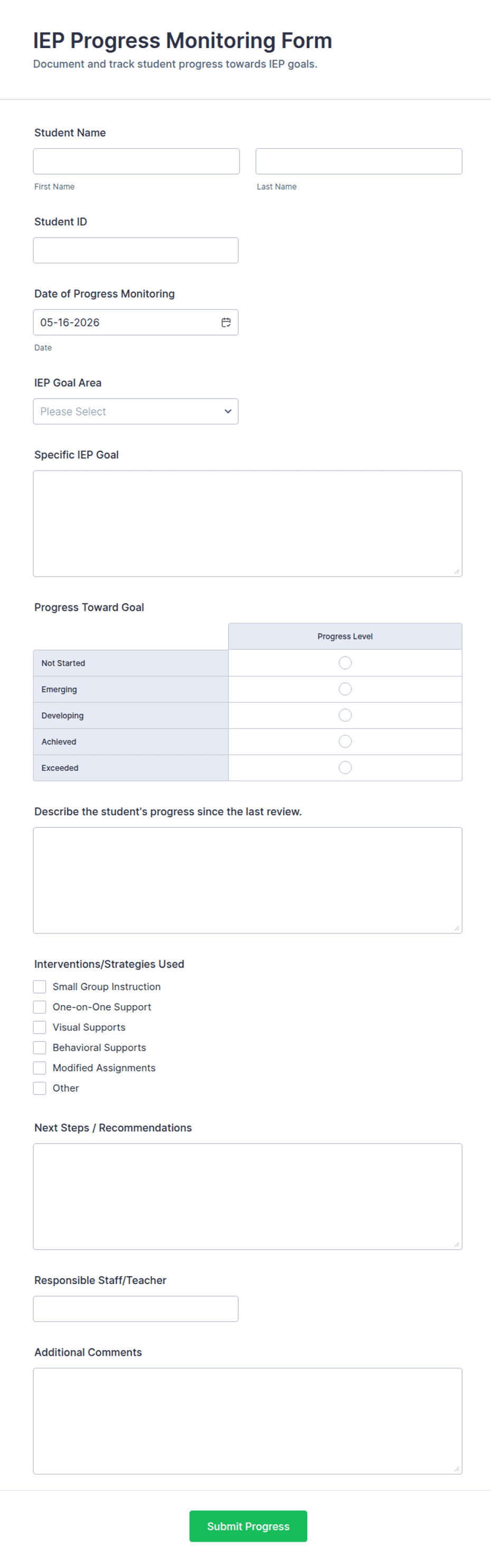 Iep Progress Monitoring Templates