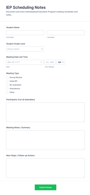 IEP Scheduling Notes Form Template