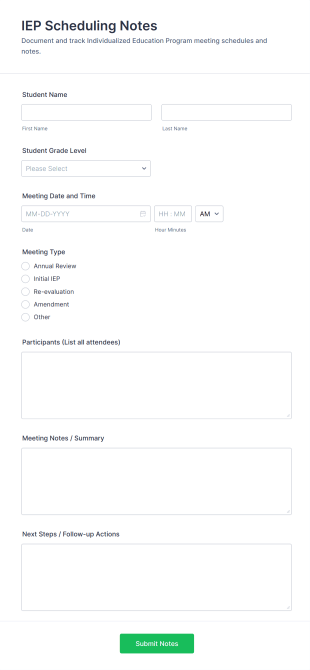 IEP Scheduling Notes Form Template