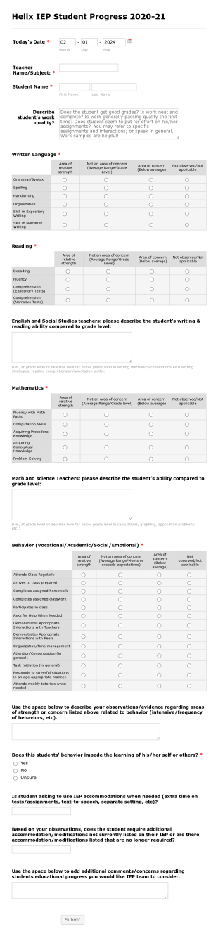 IEP Student Progress [High School] Form Template