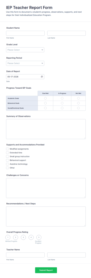 IEP Teacher Report Form Template