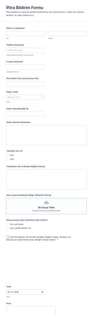 İftira Bildirim Form Şablonu