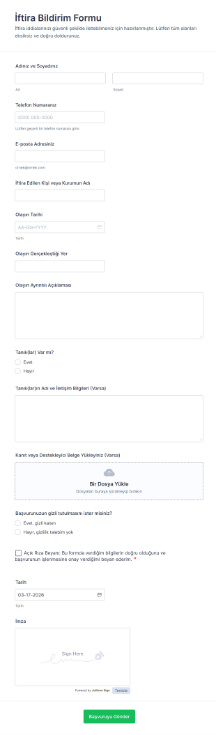 İftira Bildirim Form Şablonu