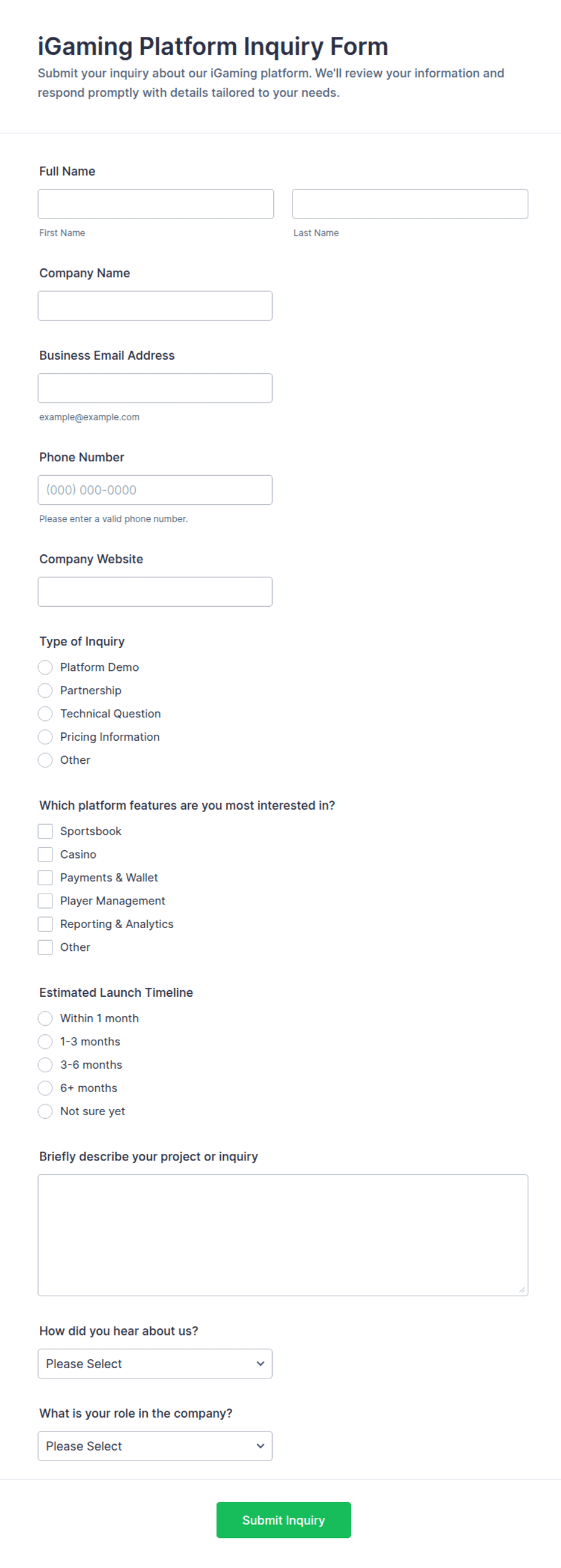iGaming Platform Inquiry Form Template | Jotform
