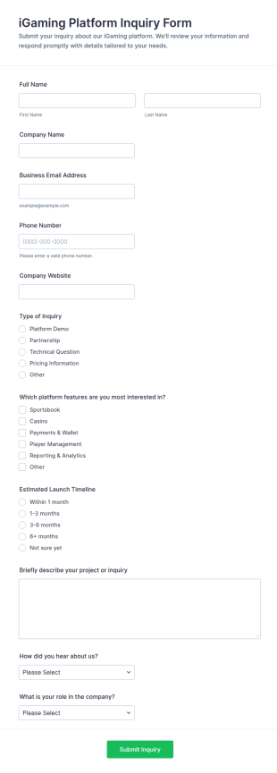 IGaming Platform Inquiry Form Template