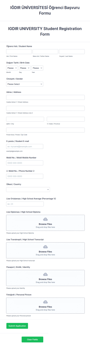 IGDIR UNIVERSITY Student Registration Form Şablonu