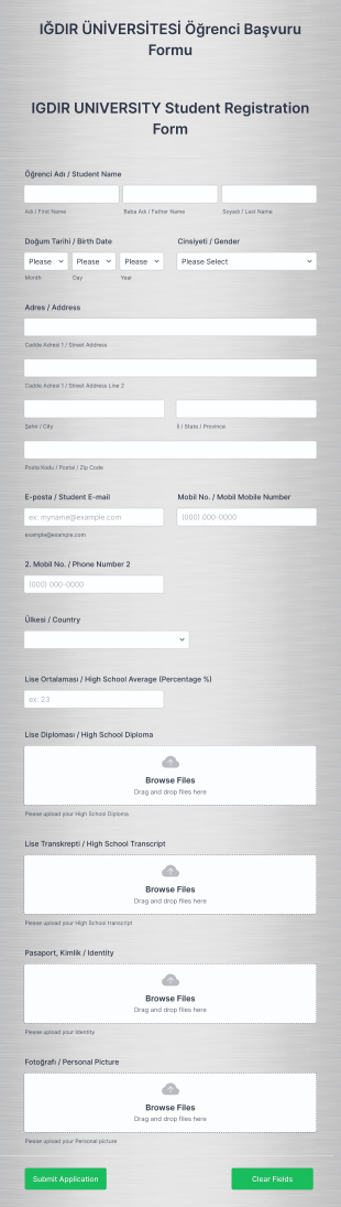 IGDIR UNIVERSITY Student Registration Form Şablonu