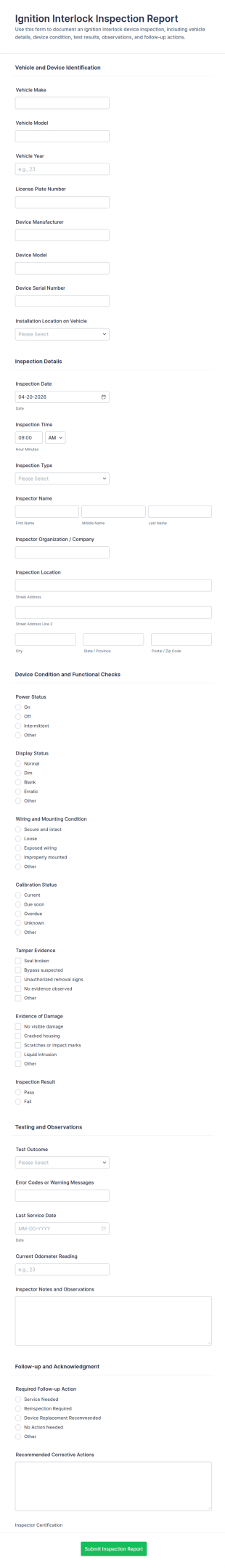 Ignition Interlock Inspection Report Form Template