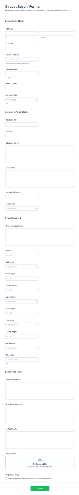 İhracat Beyannamesi Form Şablonu