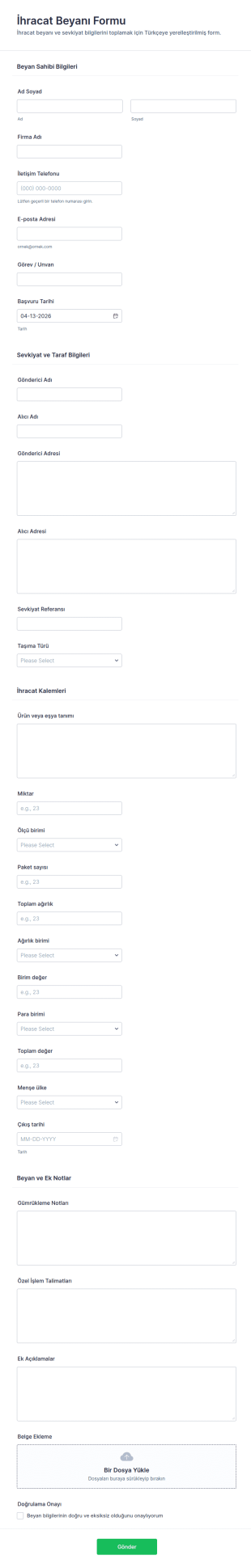 İhracat Beyannamesi Form Şablonu