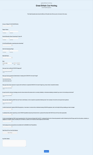 IHUK COVID 19 Athlete/Coach Questionnaire Form Template