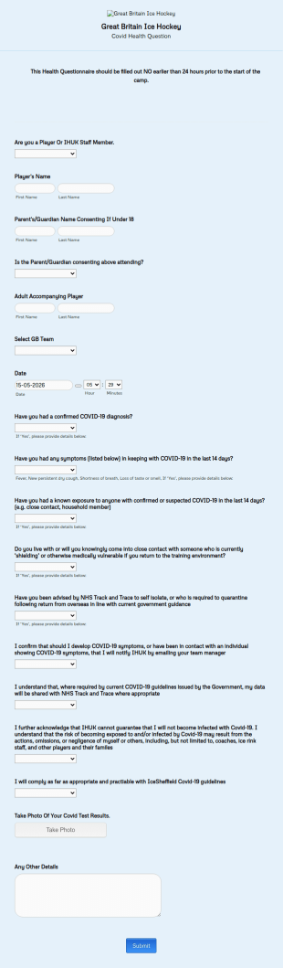 IHUK COVID 19 Athlete/Coach Questionnaire Form Template