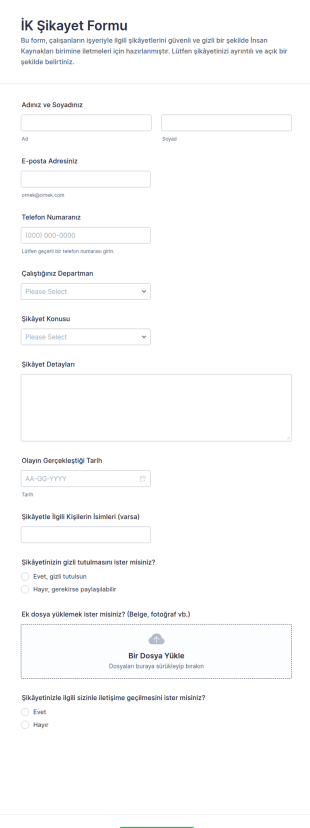 İK Şikayetleri Anketi Form Şablonu