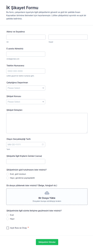 İK Şikayetleri Anketi Form Şablonu