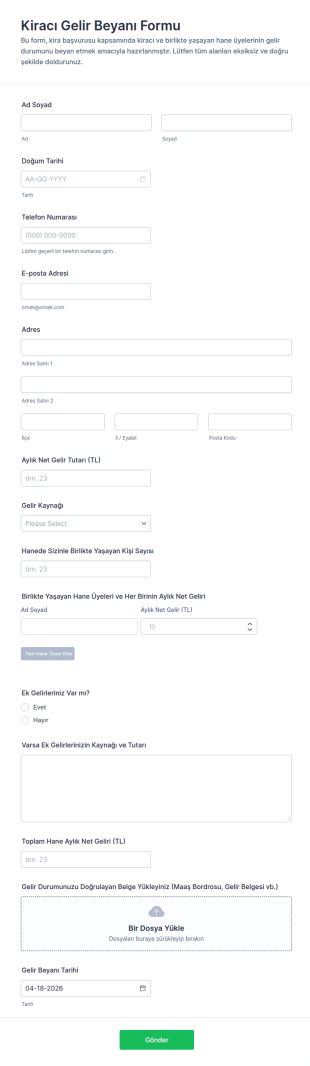İkamet Gelir Beyan Form Şablonu