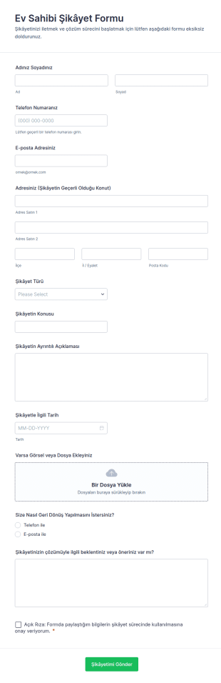 İkamet Sahibi Şikayet Form Şablonu
