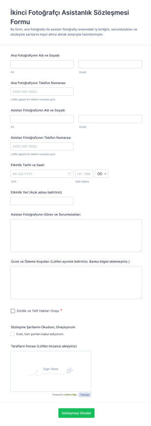 İkinci Fotoğrafçı Asistanlık Sözleşmesi Form Template