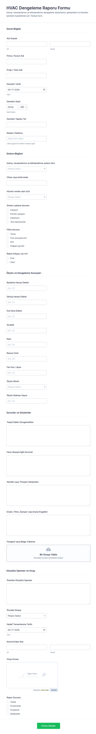 İklimlendirme Denge Raporu Form Şablonu