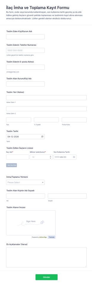 İlaç Atıklarını İmha Etme Form Şablonu