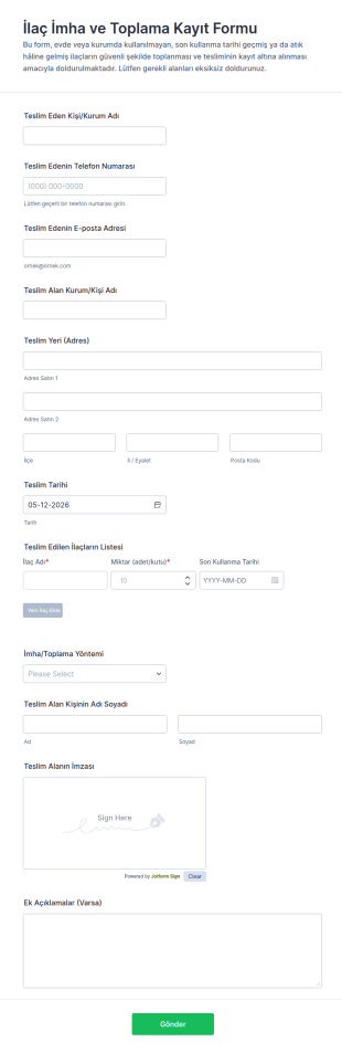 İlaç Atıklarını İmha Etme Form Şablonu
