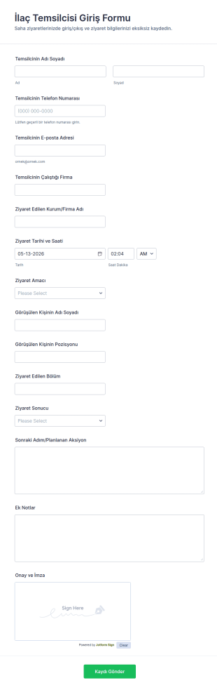 İlaç Temsilcisi Kontrol Form Şablonu