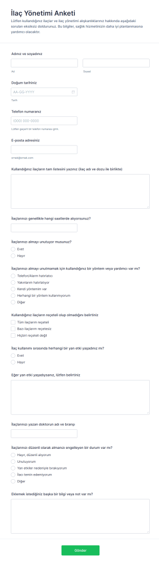 İlaç Yönetimi Anketi Form Şablonu